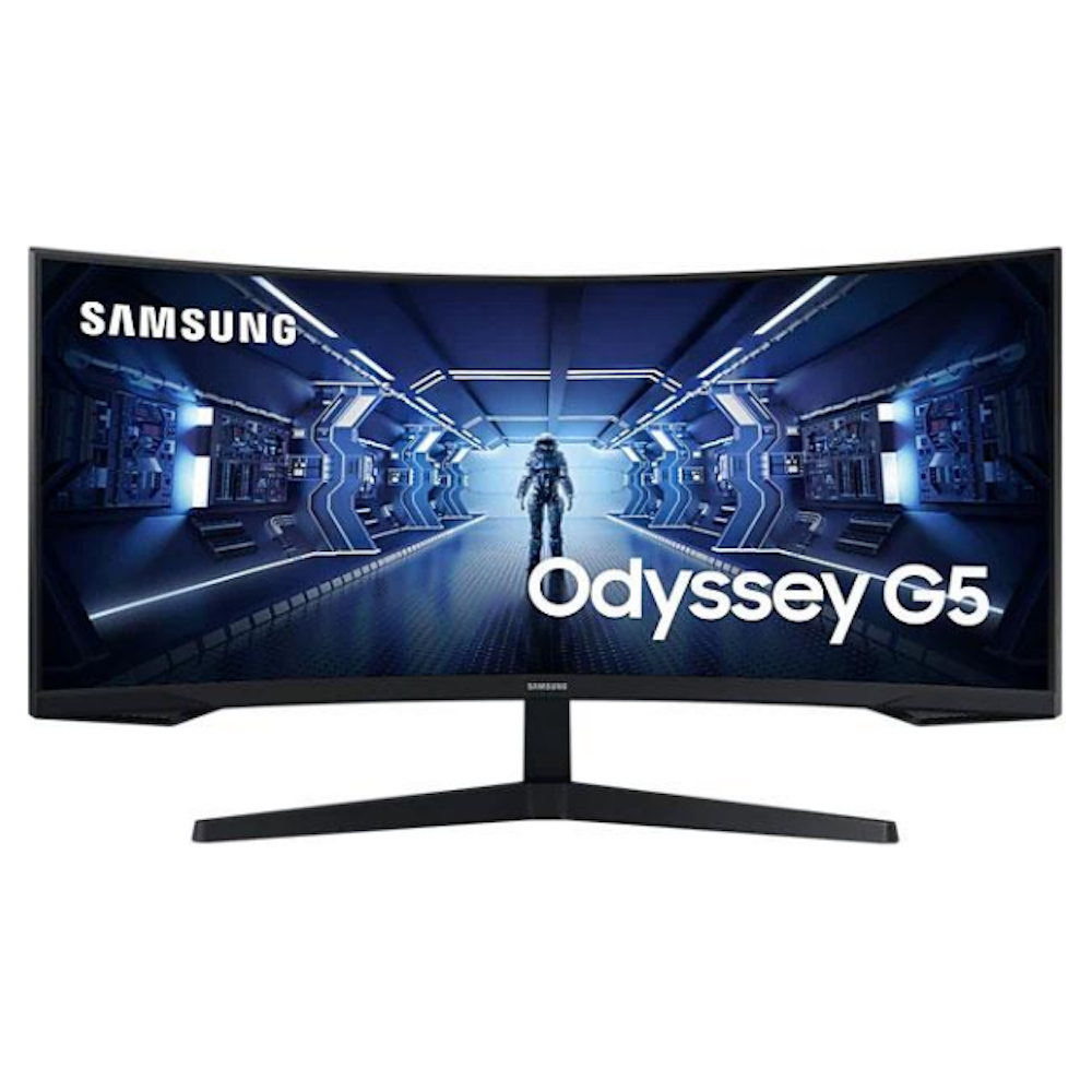 A large main feature product image of Samsung Odyssey G55T 34" Curved UWQHD Ultrawide 165Hz VA Monitor