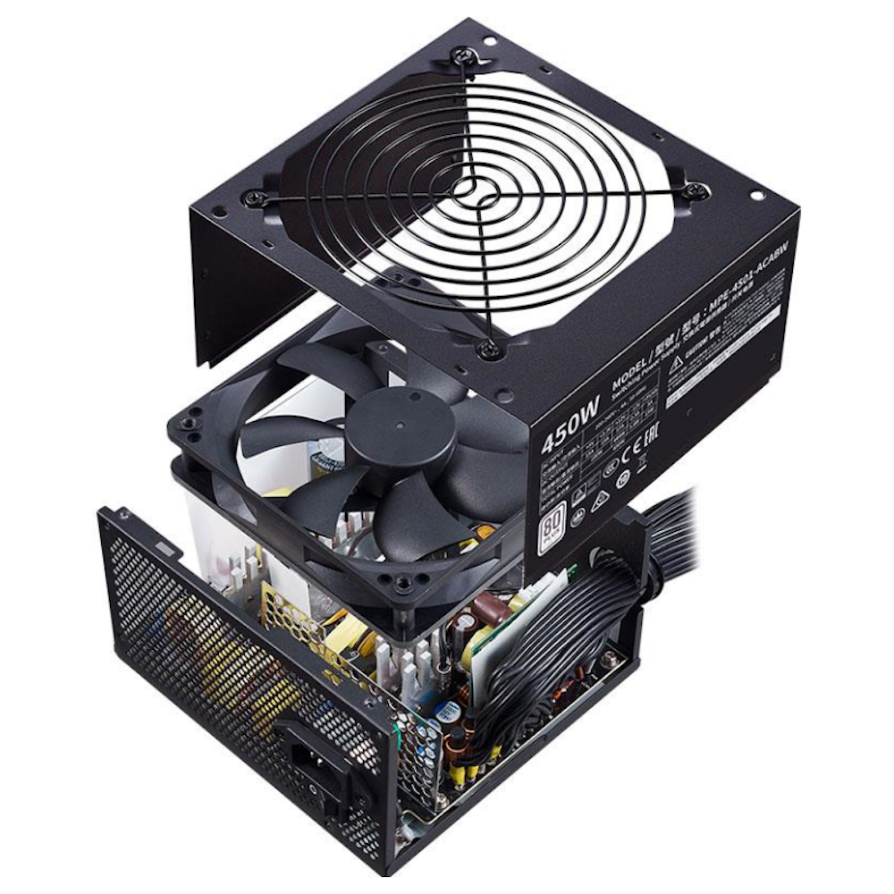 A large main feature product image of Cooler Master MWE V2 450W ATX White PSU