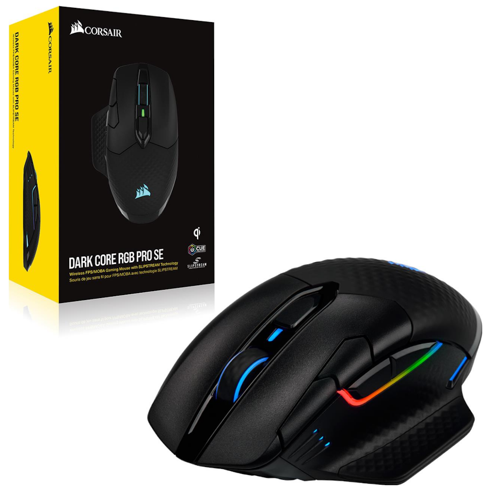 A large main feature product image of Corsair Dark Core RGB Pro SE Gaming Mouse