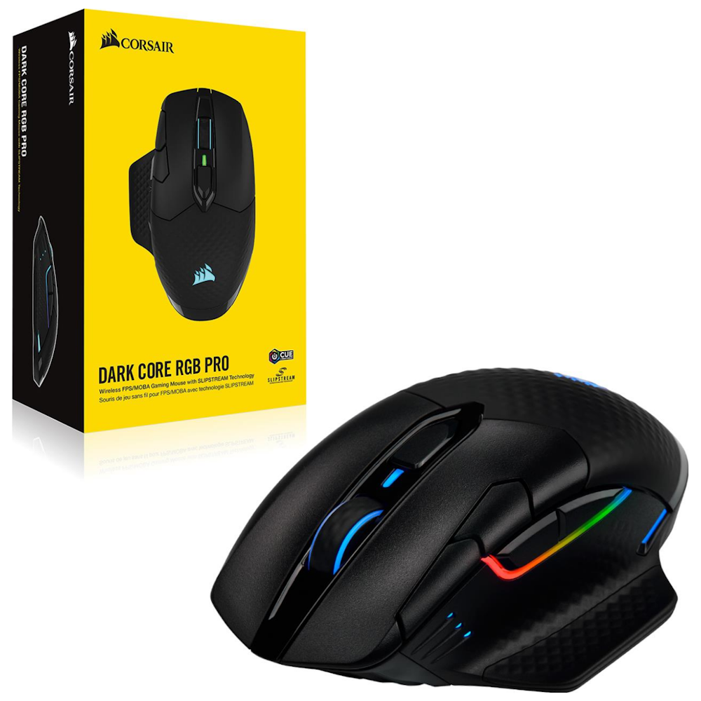 A large main feature product image of Corsair Dark Core Pro RGB Gaming Mouse