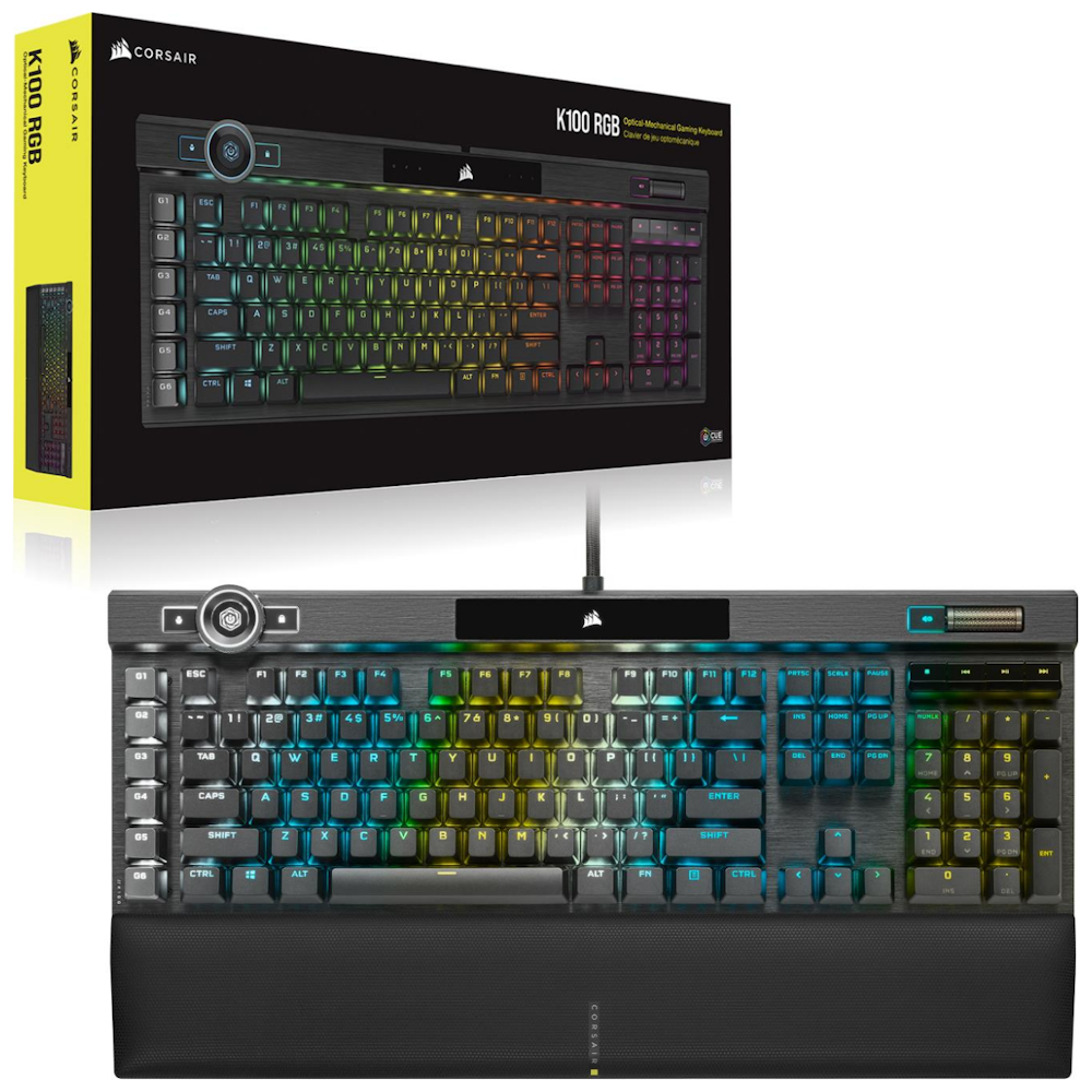 A large main feature product image of Corsair Gaming K100 RGB Optical-Mechanical Keyboard (OPX Switch)