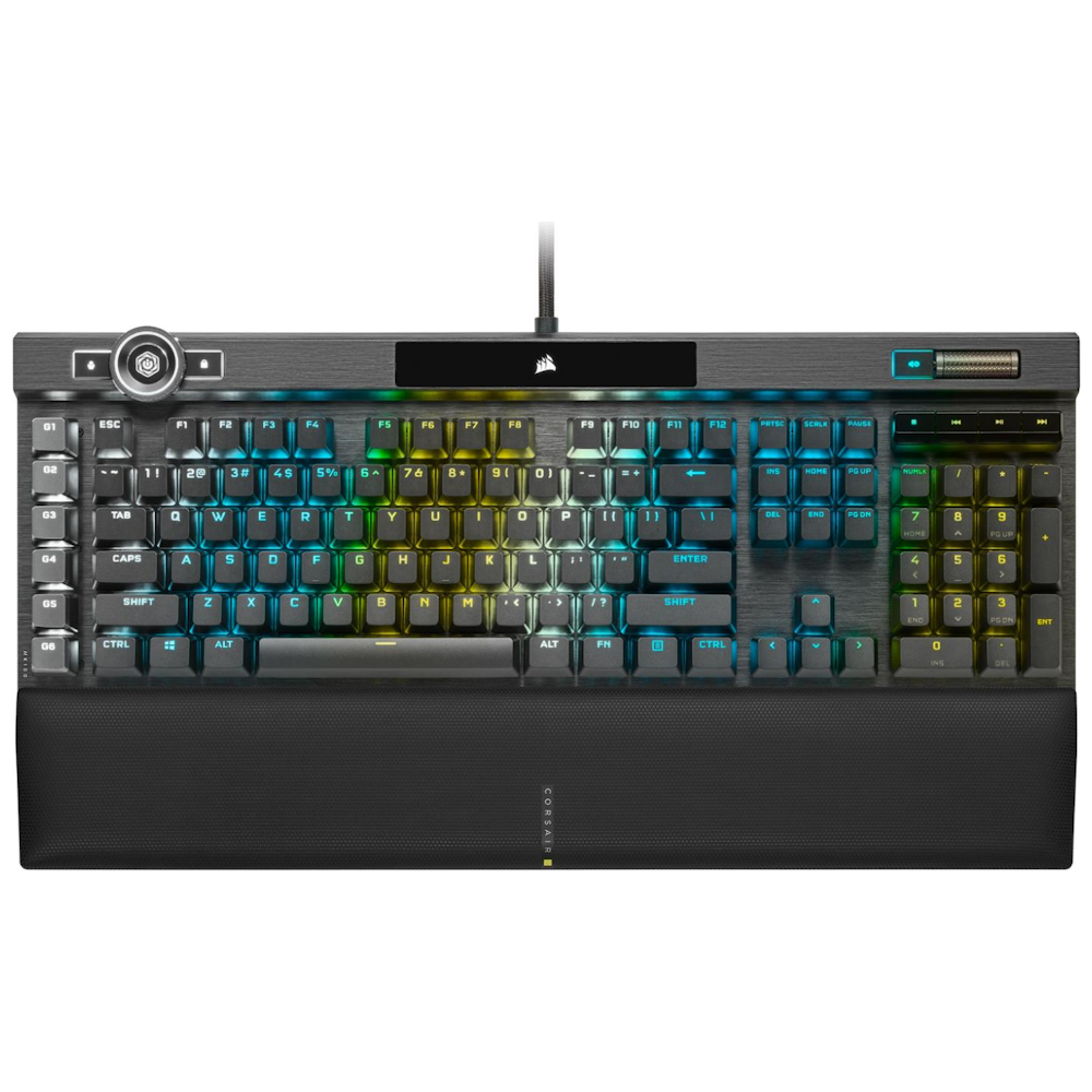 A large main feature product image of Corsair Gaming K100 RGB Optical-Mechanical Keyboard (OPX Switch)