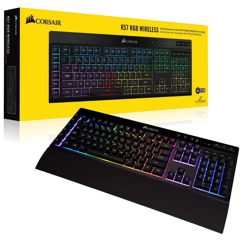 A large main feature product image of Corsair Gaming K57 RGB Wireless Keyboard
