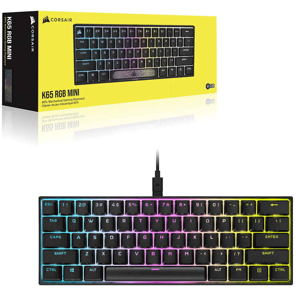 A large main feature product image of Corsair K65 RGB MINI 60% Mechanical Gaming Keyboard MX Speed