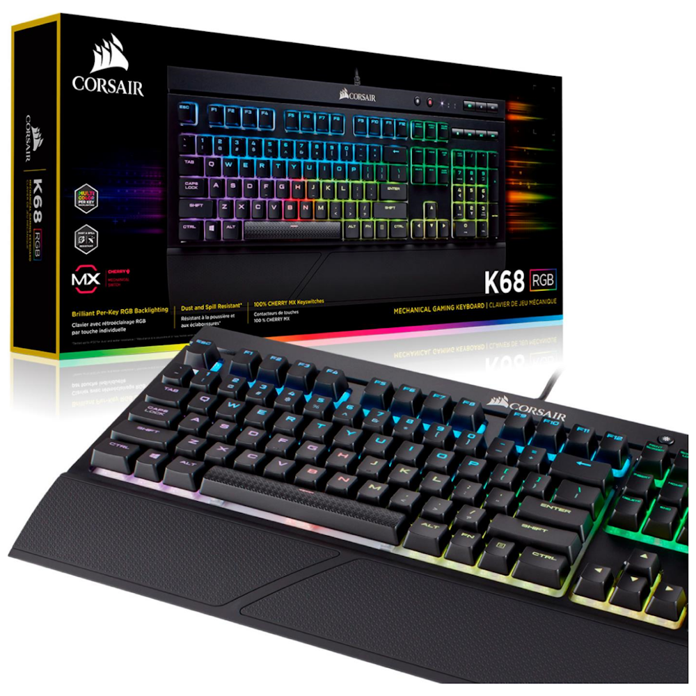 A large main feature product image of Corsair Gaming K68 RGB Mechanical Keyboard (MX Red Switch)