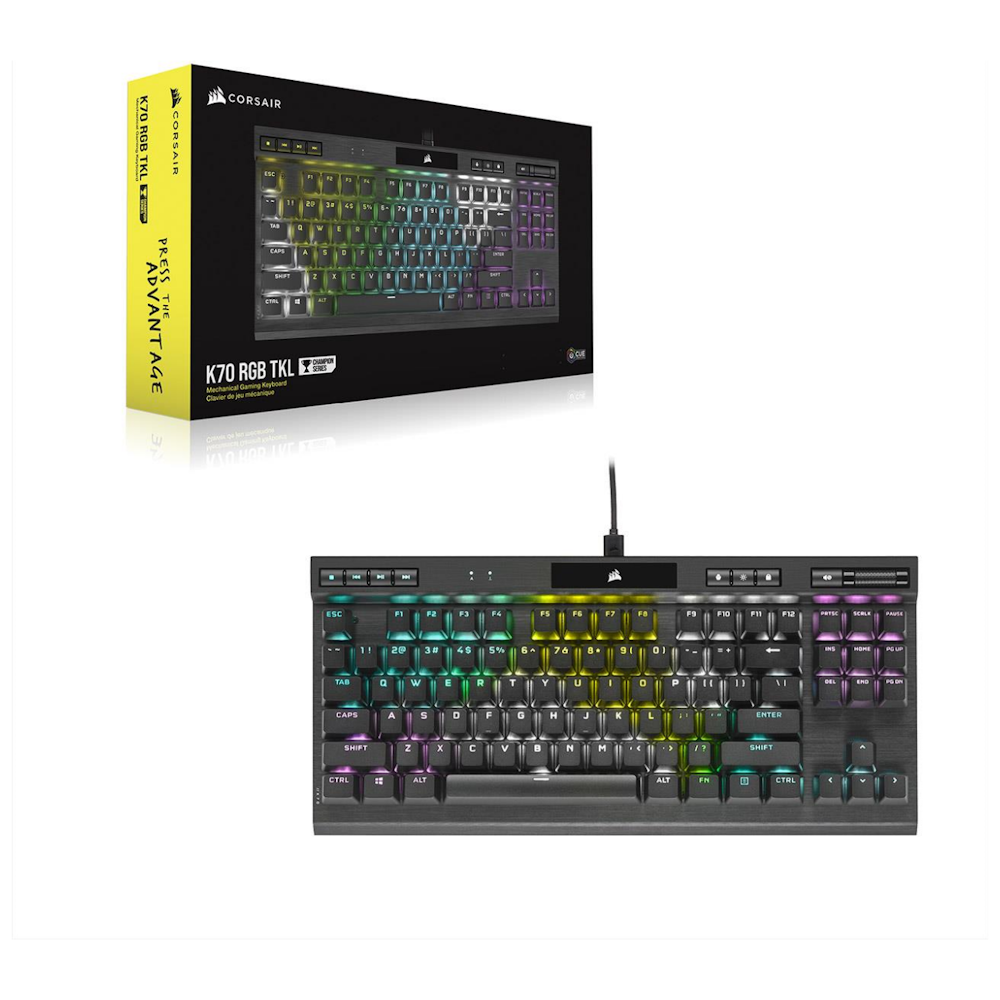 A large main feature product image of Corsair Gaming K70 RGB TKL – Champion Series Mechanical Keyboard (MX Speed)