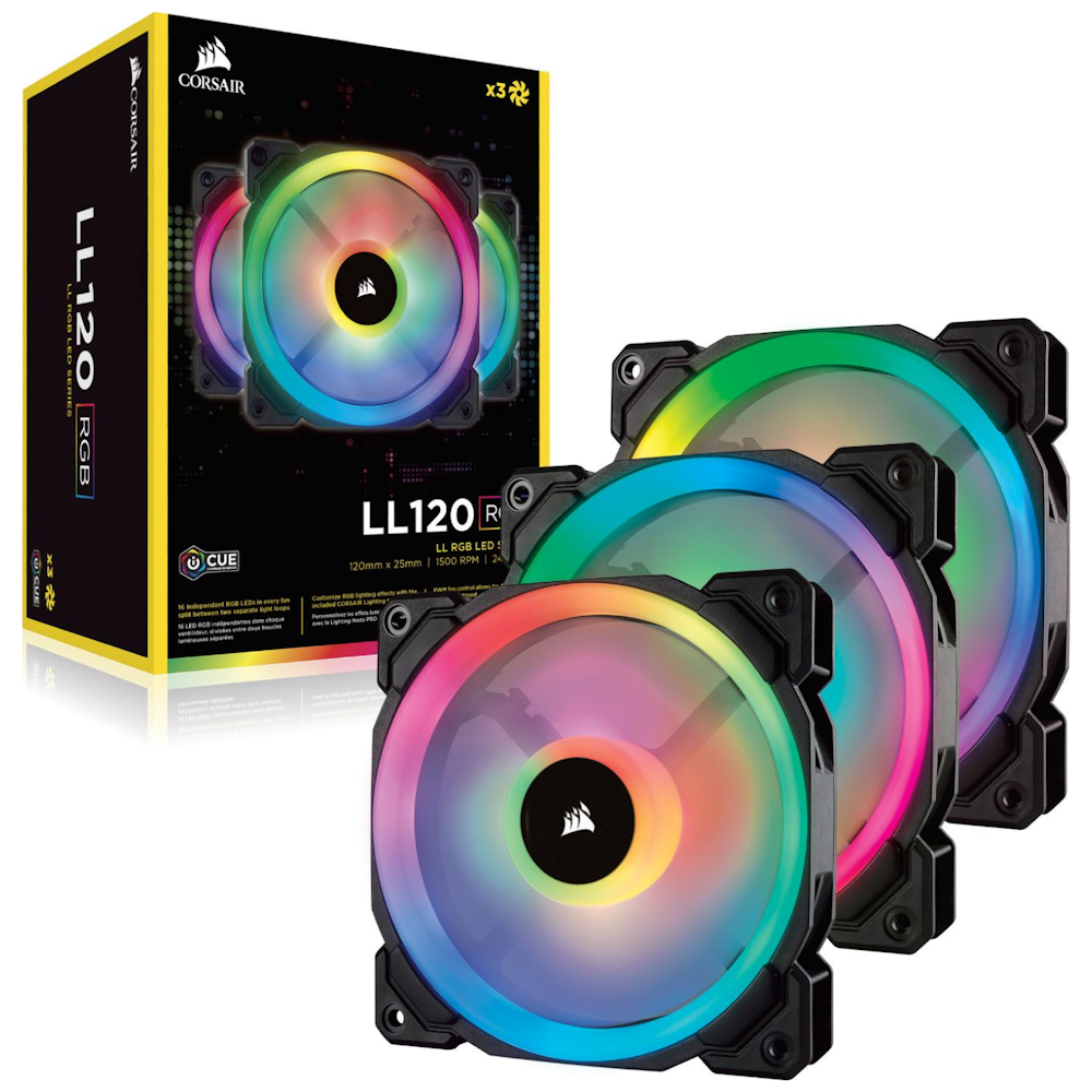 A large main feature product image of Corsair LL120 120mm RGB PWM Fan Triple Pack w/Lighting Node Pro