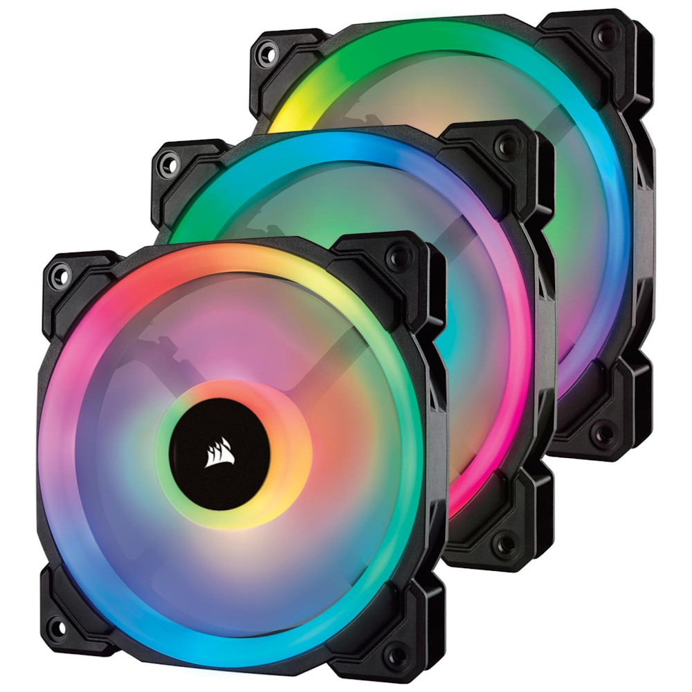 A large main feature product image of Corsair LL120 120mm RGB PWM Fan Triple Pack w/Lighting Node Pro