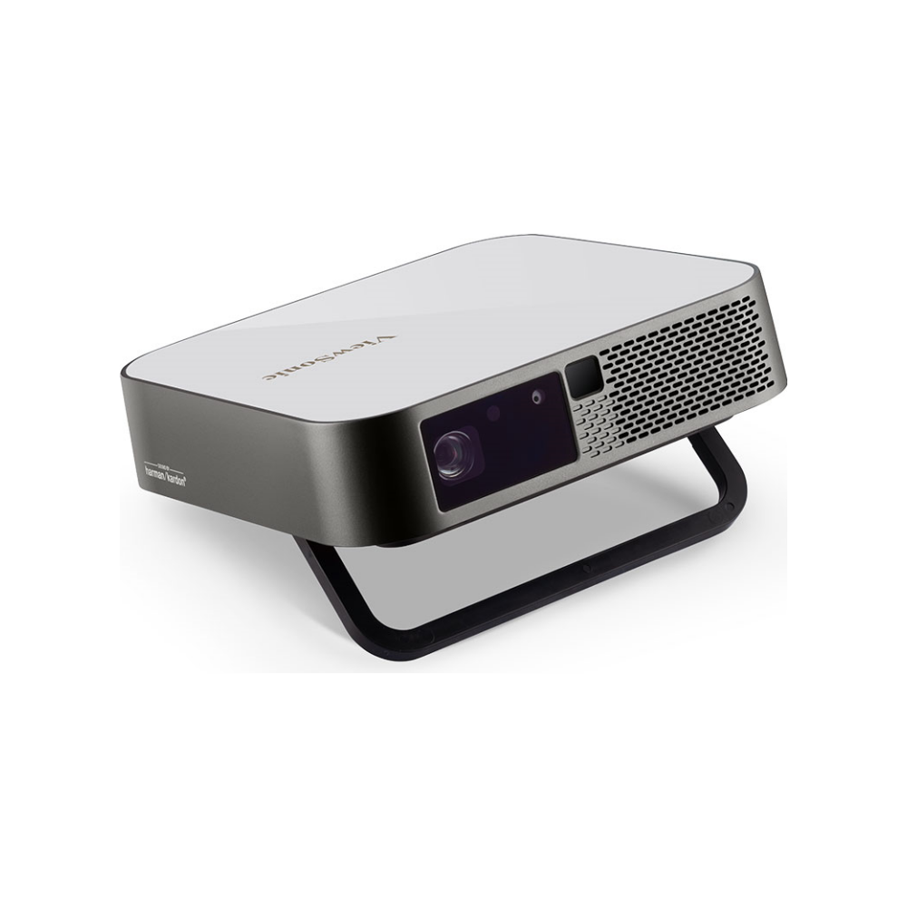 A large main feature product image of ViewSonic M2e Smart 1080p Portable LED Projector