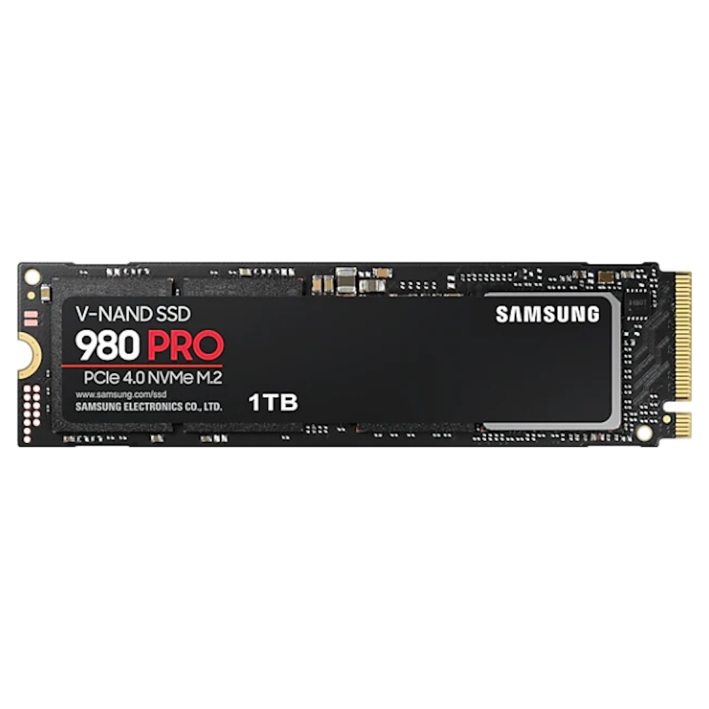 A large main feature product image of Samsung 980 Pro PCIe Gen4 NVMe M.2 SSD - 1TB