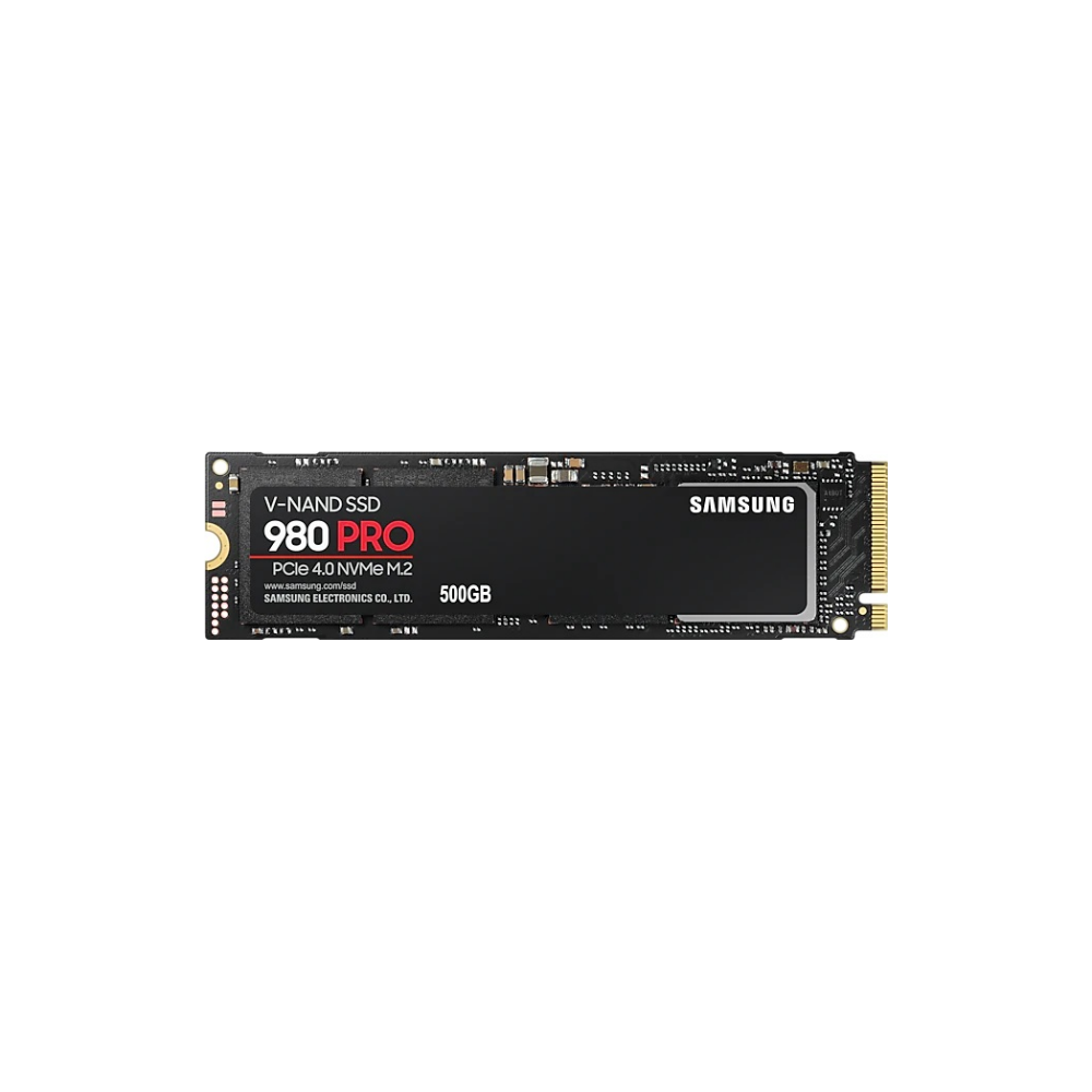 A large main feature product image of Samsung 980 Pro PCIe Gen4 NVMe M.2 SSD - 500GB