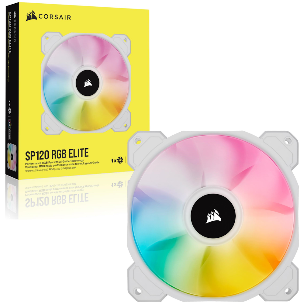 A large main feature product image of Corsair SP120 RGB Elite Performance Fan White