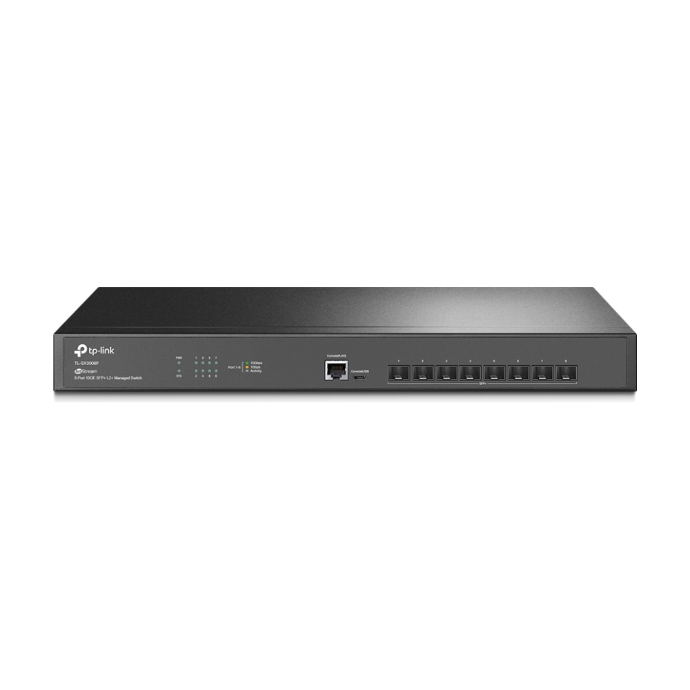 A large main feature product image of TP-Link JetStream SX3008F - 8-Port 10GE SFP+ L2+ Managed Switch