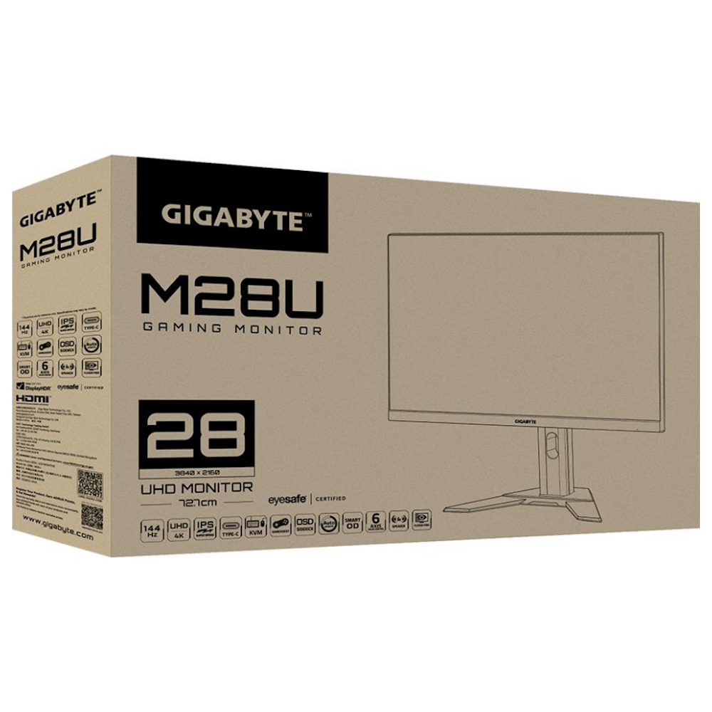 A large main feature product image of Gigabyte M28U 28" UHD 144Hz IPS Monitor