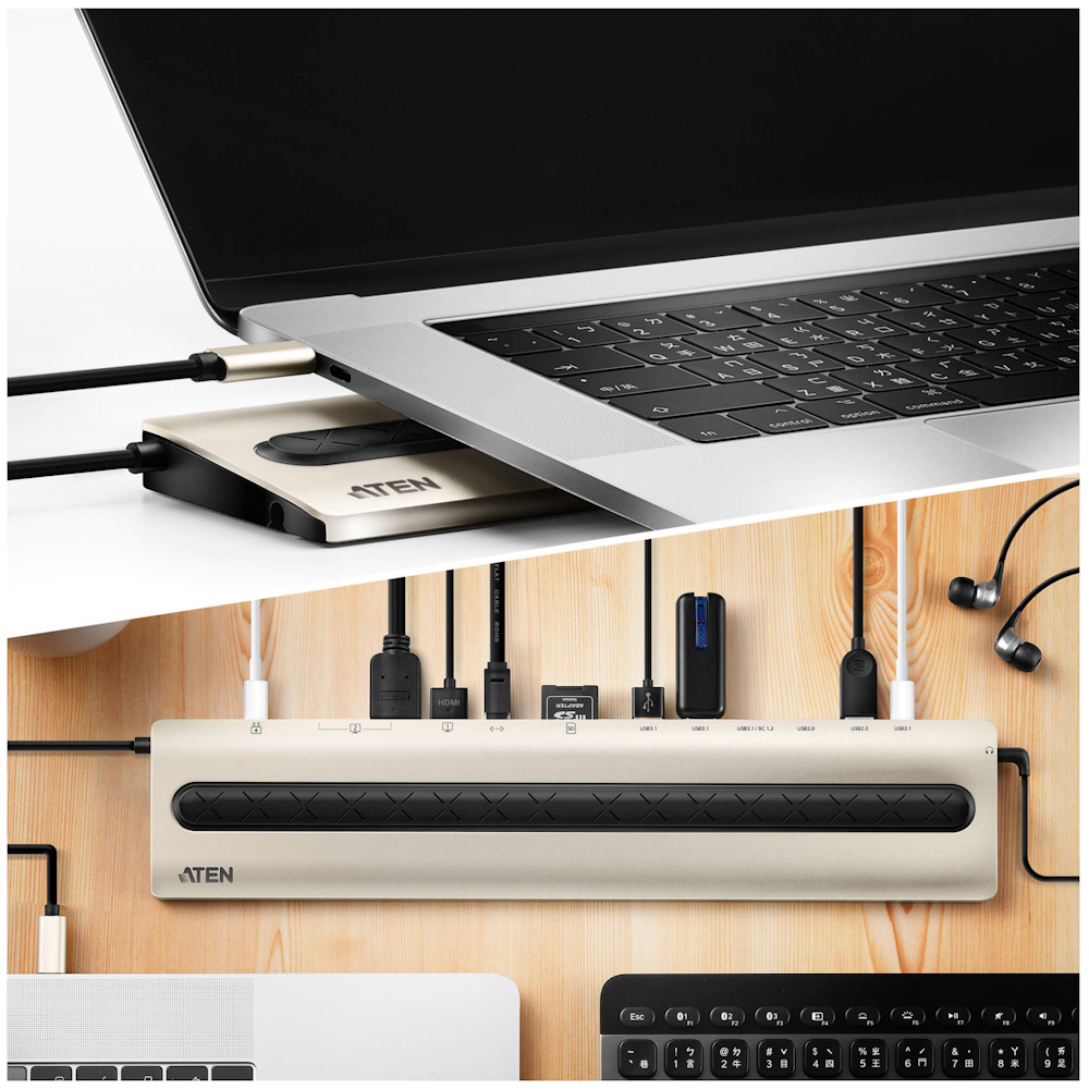 A large main feature product image of ATEN USB-C Multiport Dock with Power Pass-Through
