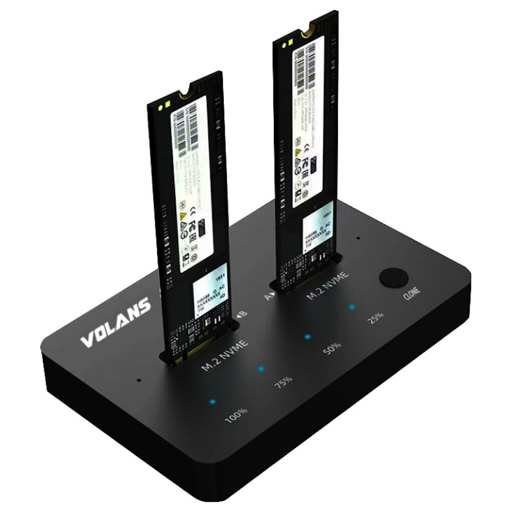 A large main feature product image of Volans Aluminium 2-Bay USB-C NVMe PCIe SSD Docking Station