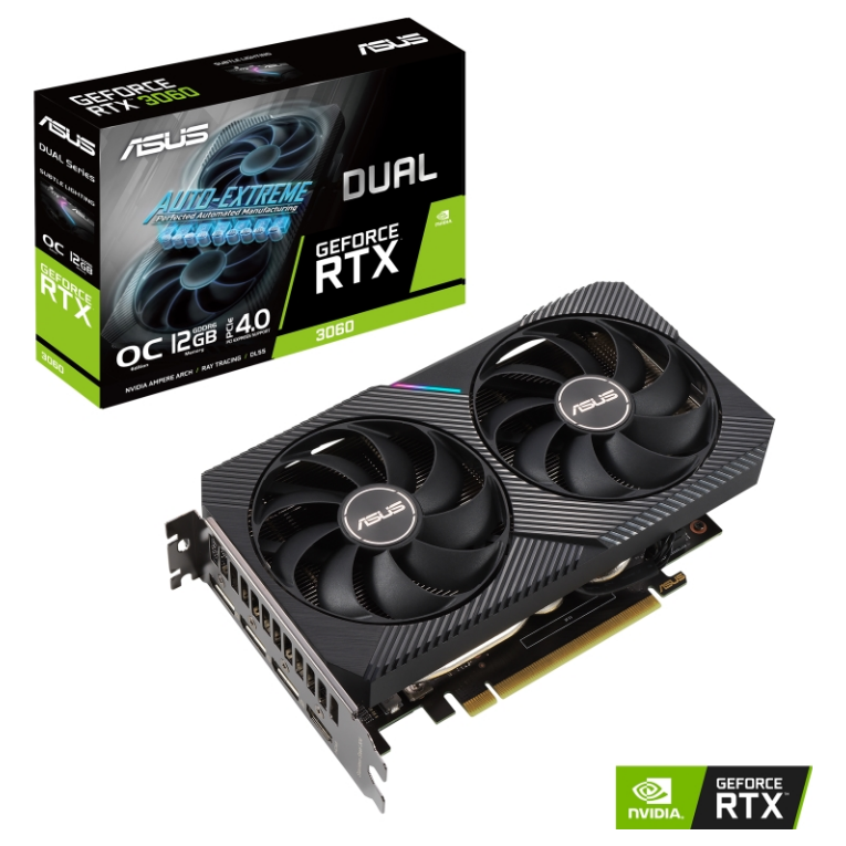 A large main feature product image of ASUS GeForce RTX 3060 Dual OC LHR 12GB GDDR6