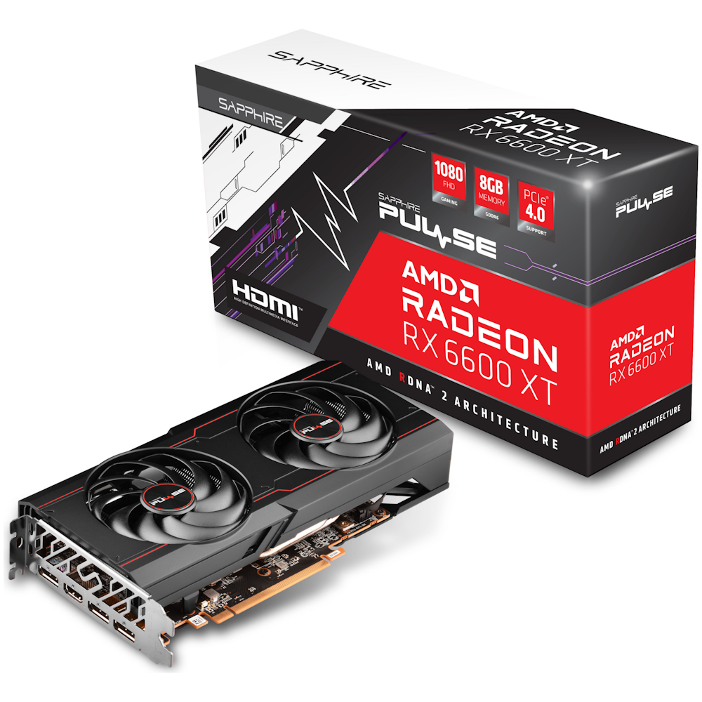 A large main feature product image of Sapphire Radeon RX 6600 XT Pulse 8GB GDDR6 