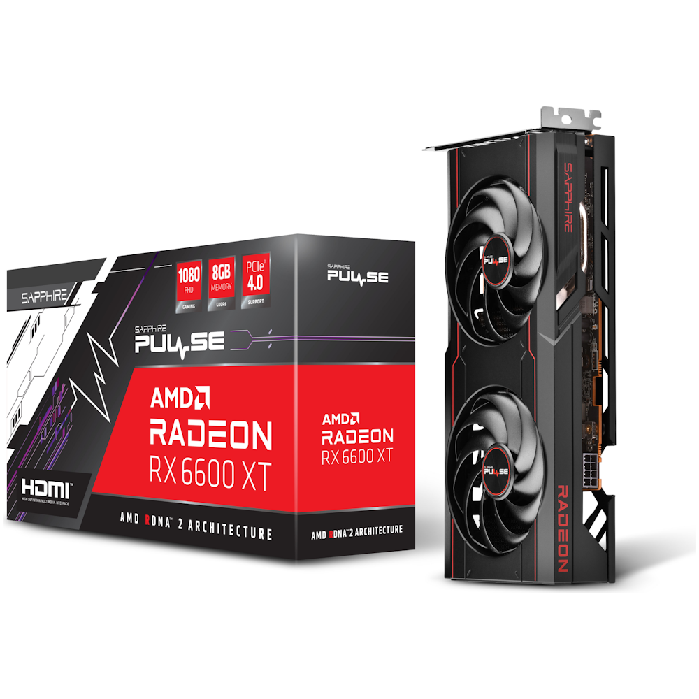 A large main feature product image of Sapphire Radeon RX 6600 XT Pulse 8GB GDDR6 