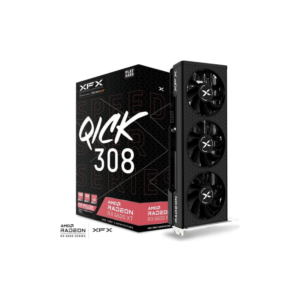 A large main feature product image of XFX Radeon RX 6600 XT Speedster QICK 308 Black 8GB GDDR6