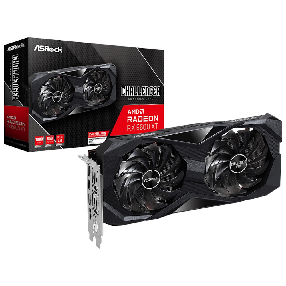A large main feature product image of ASRock Radeon RX 6600 XT Challenger D 8GB GDDR6
