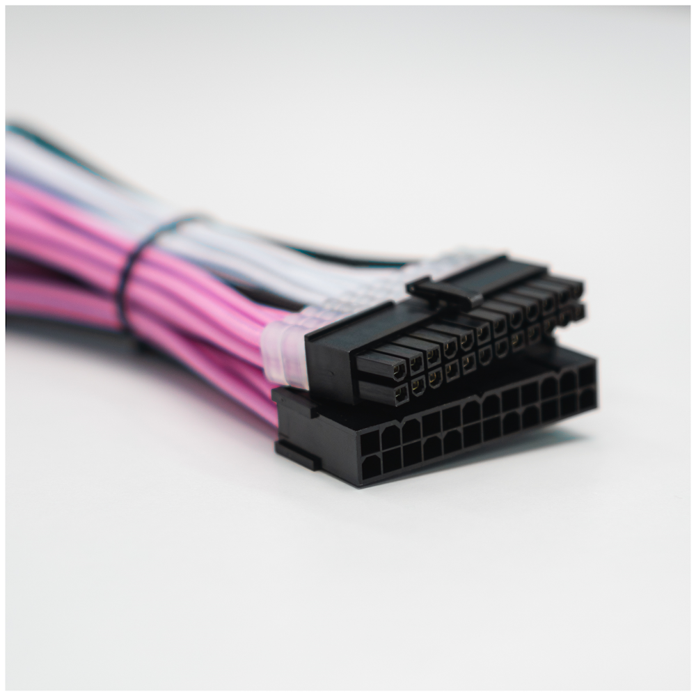 A large main feature product image of GamerChief Elite Series 24-Pin ATX 30cm Sleeved Extension Cable (Pink/White/Black)