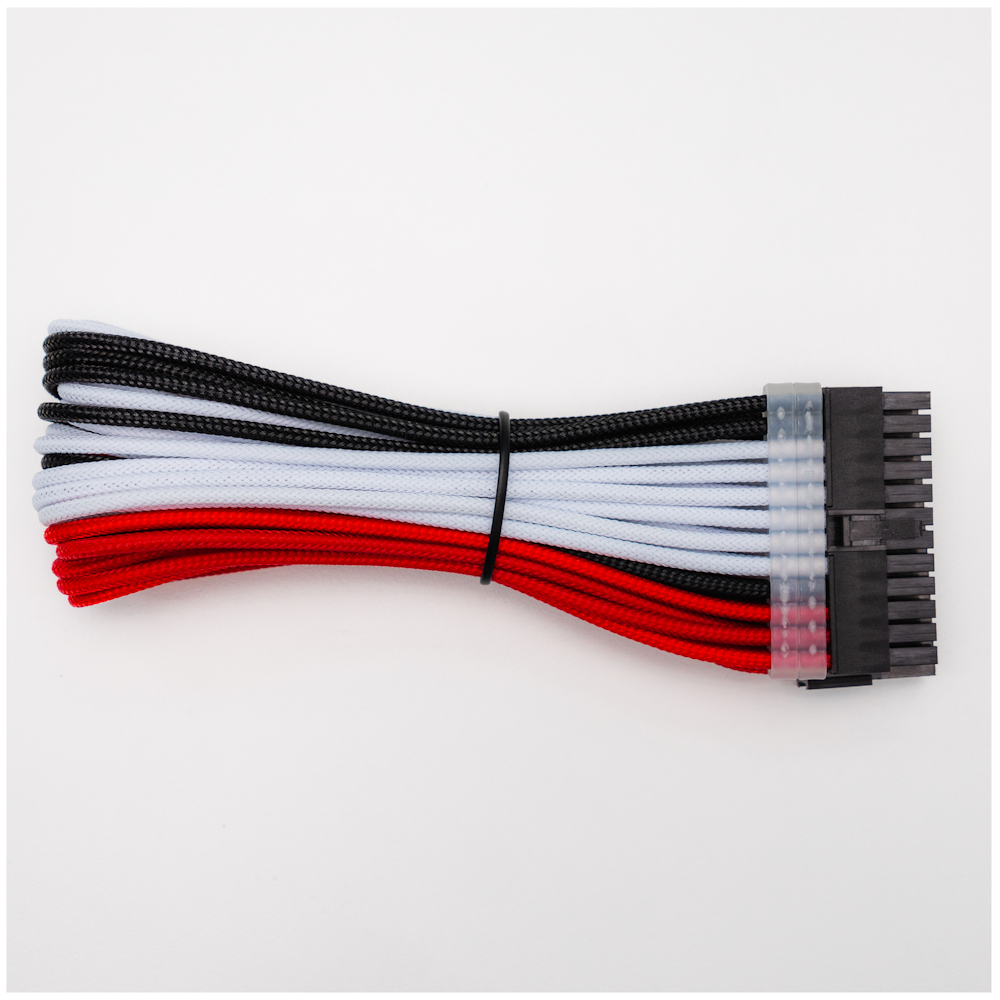 A large main feature product image of GamerChief Elite Series 24-Pin ATX 30cm Sleeved Extension Cable (Red/White/Black)