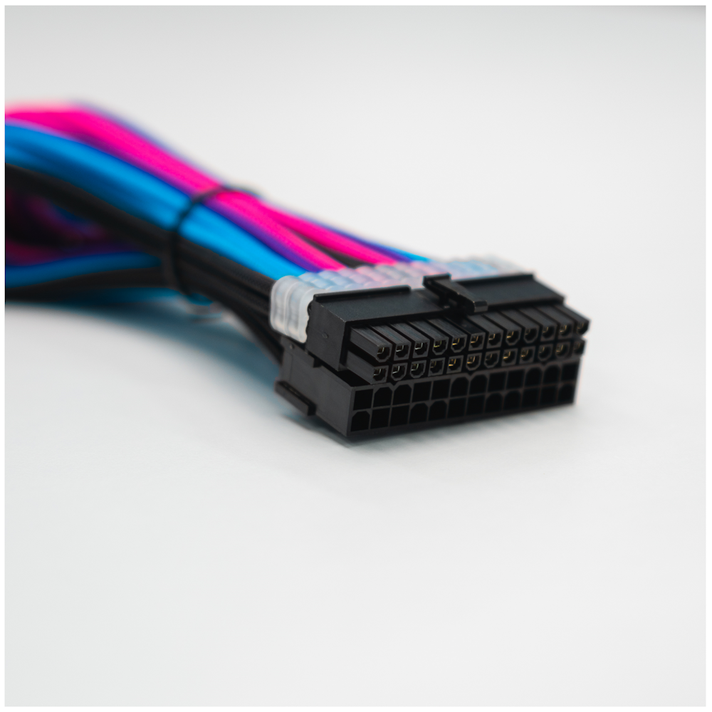 A large main feature product image of GamerChief Elite Series 24-Pin ATX 30cm Sleeved Extension Cable (Blue / Pink / Purple / Black)