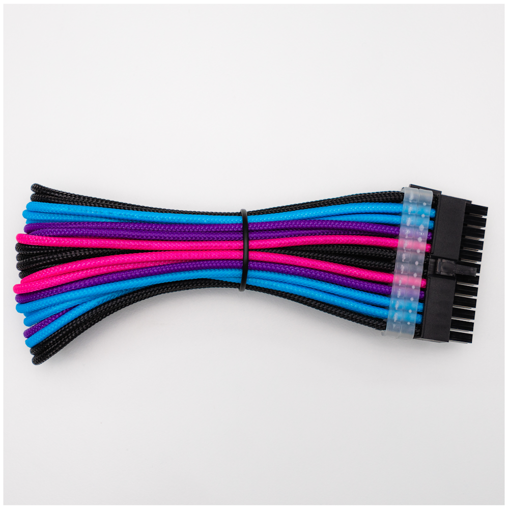 A large main feature product image of GamerChief Elite Series 24-Pin ATX 30cm Sleeved Extension Cable (Blue / Pink / Purple / Black)