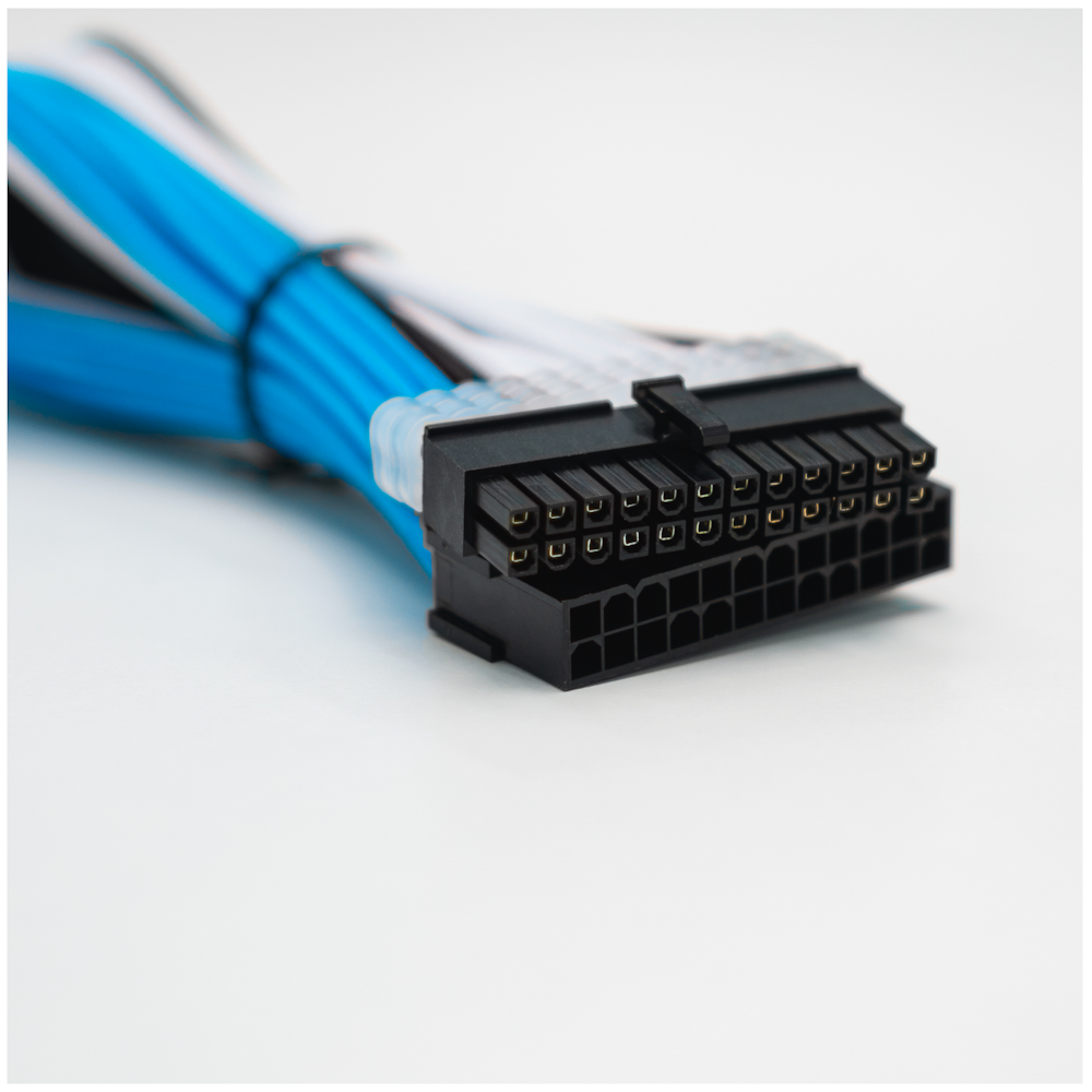 A large main feature product image of GamerChief Elite Series 24-Pin ATX 30cm Sleeved Extension Cable (Blue/White/Black)