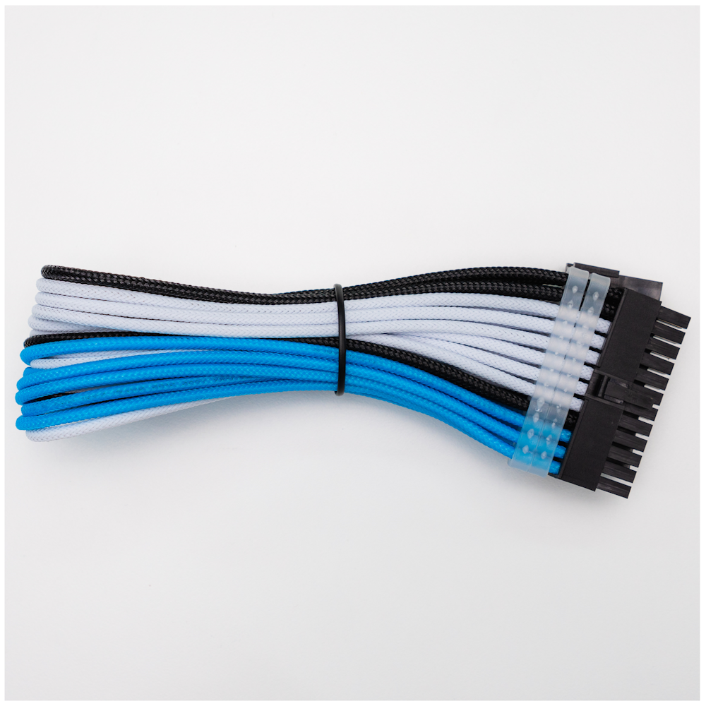 A large main feature product image of GamerChief Elite Series 24-Pin ATX 30cm Sleeved Extension Cable (Blue/White/Black)