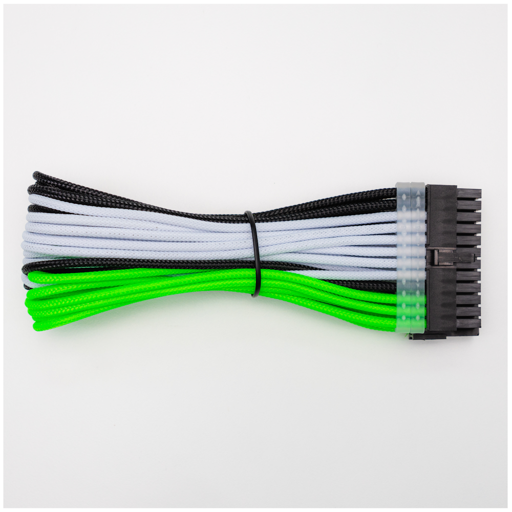 A large main feature product image of GamerChief Elite Series 24-Pin ATX 30cm Sleeved Extension Cable (Green/White/Black)