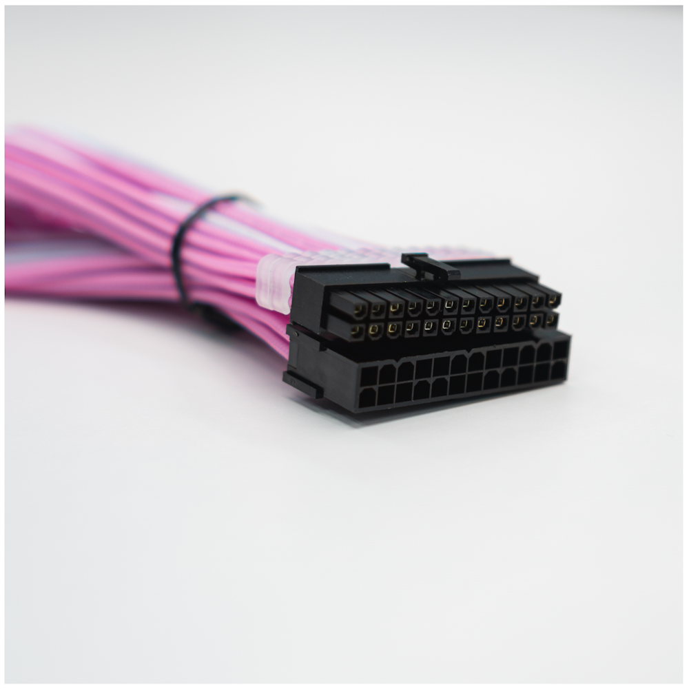 A large main feature product image of GamerChief Elite Series 24-Pin ATX 30cm Sleeved Extension Cable (Pink/White)