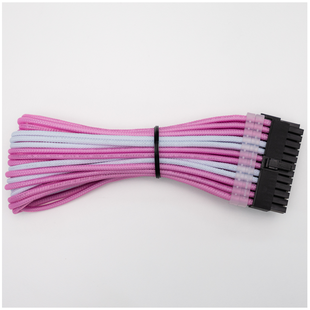 A large main feature product image of GamerChief Elite Series 24-Pin ATX 30cm Sleeved Extension Cable (Pink/White)