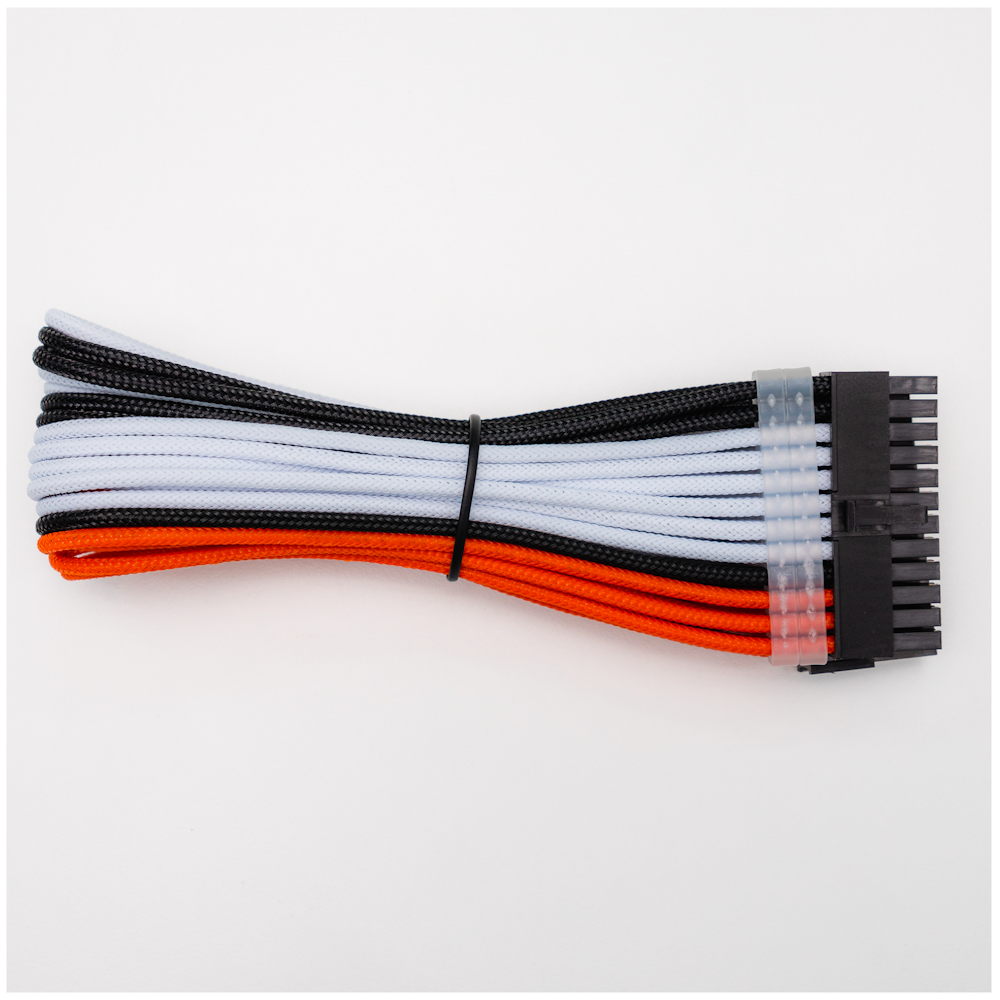 A large main feature product image of GamerChief Elite Series 24-Pin ATX 30cm Sleeved Extension Cable (Orange/White/Black)