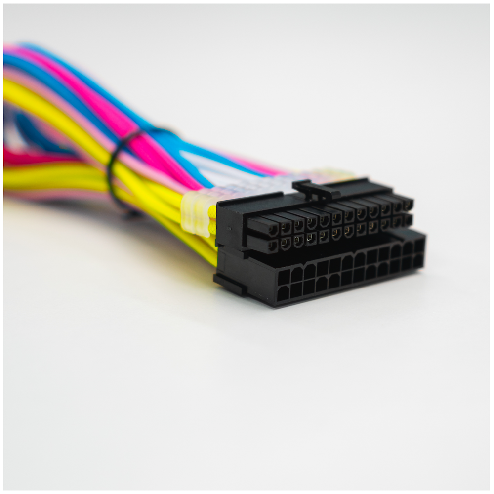 A large main feature product image of GamerChief Elite Series 24-Pin ATX 30cm Sleeved Extension Cable (Yellow / Light Pink / Pink / Blue / White)
