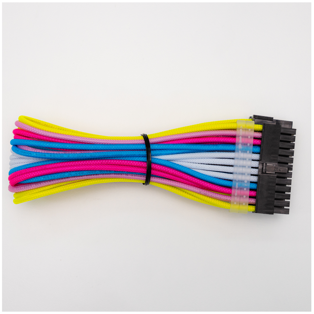 A large main feature product image of GamerChief Elite Series 24-Pin ATX 30cm Sleeved Extension Cable (Yellow / Light Pink / Pink / Blue / White)