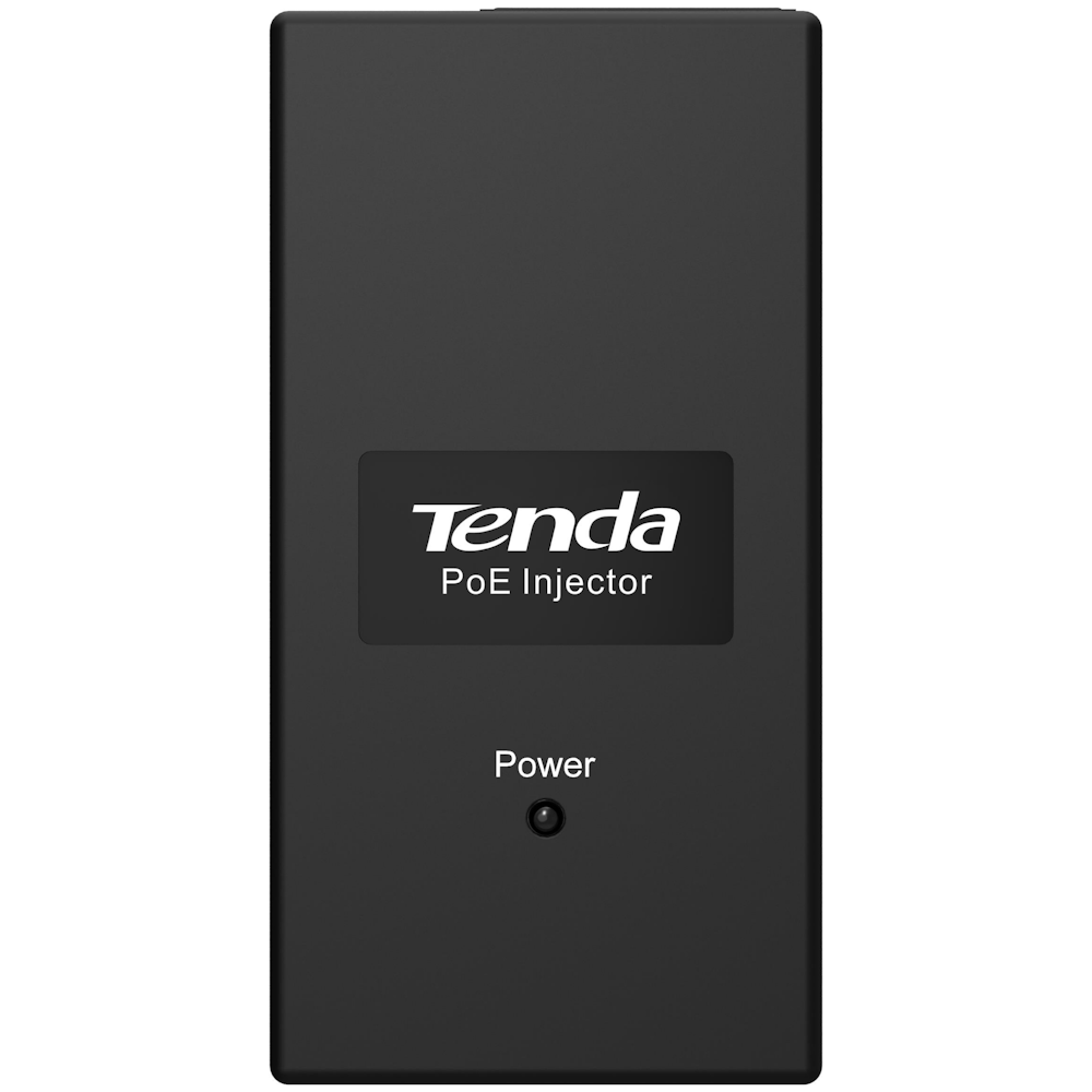 A large main feature product image of Tenda PoE15F 10/100Mbps PoE Injector