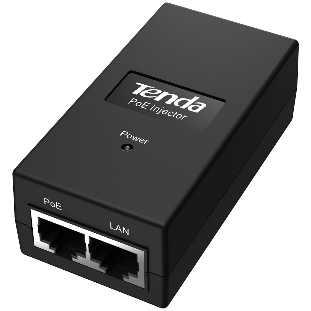 A large main feature product image of Tenda PoE15F 10/100Mbps PoE Injector