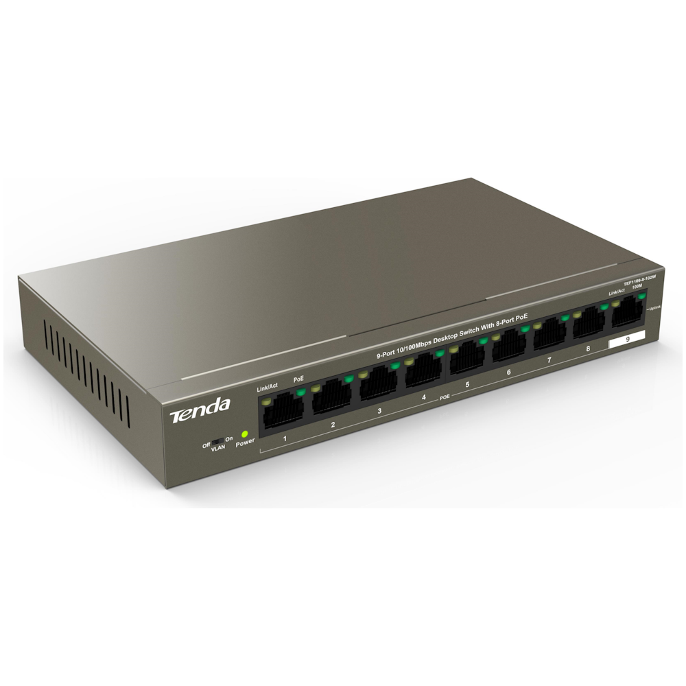 A large main feature product image of Tenda TEF1109P-8-102W  9-Port Fast Unmanaged Switch With 8-Port PoE