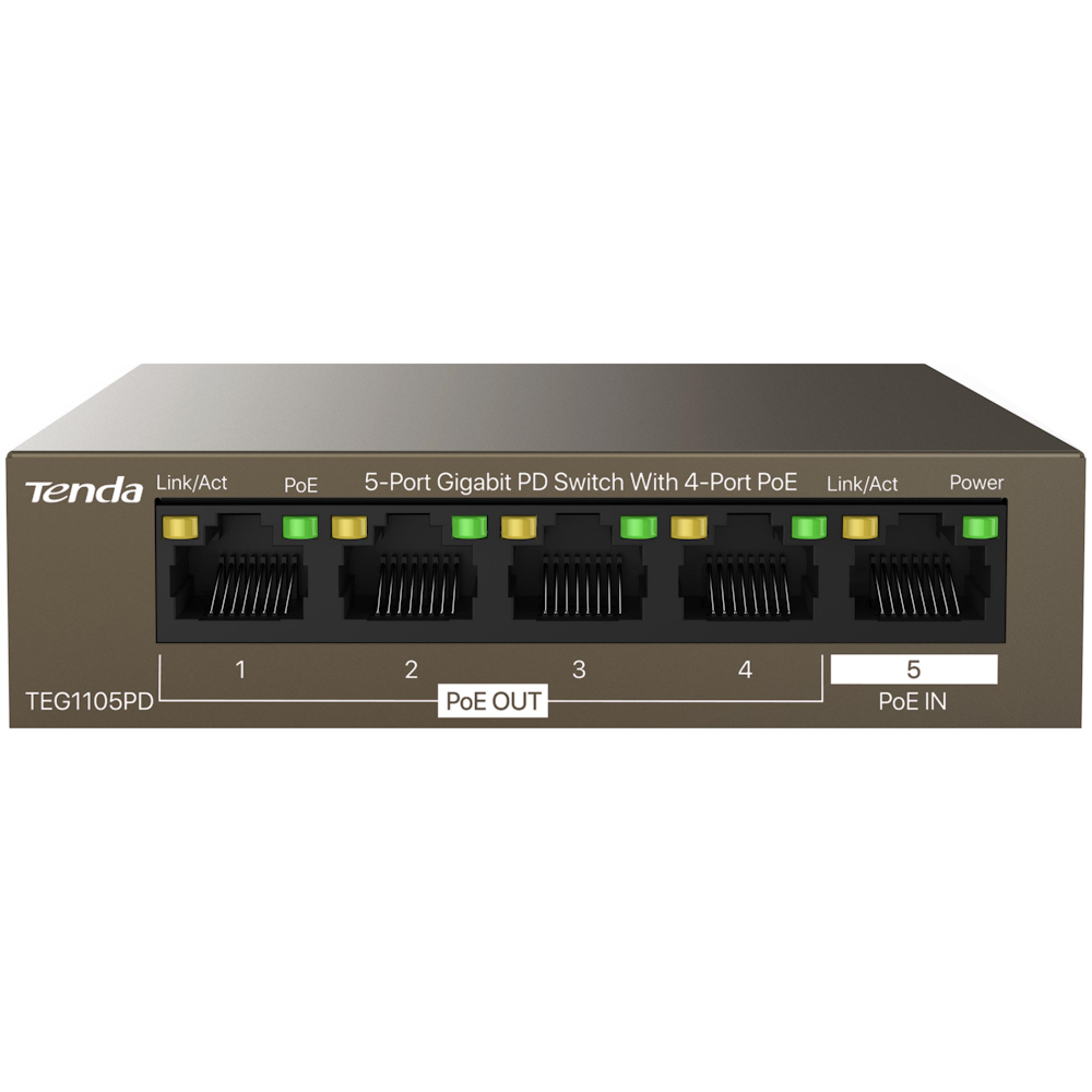 A large main feature product image of Tenda TEG1105PD 5-Port Gigabit PD Switch With 4-Port PoE