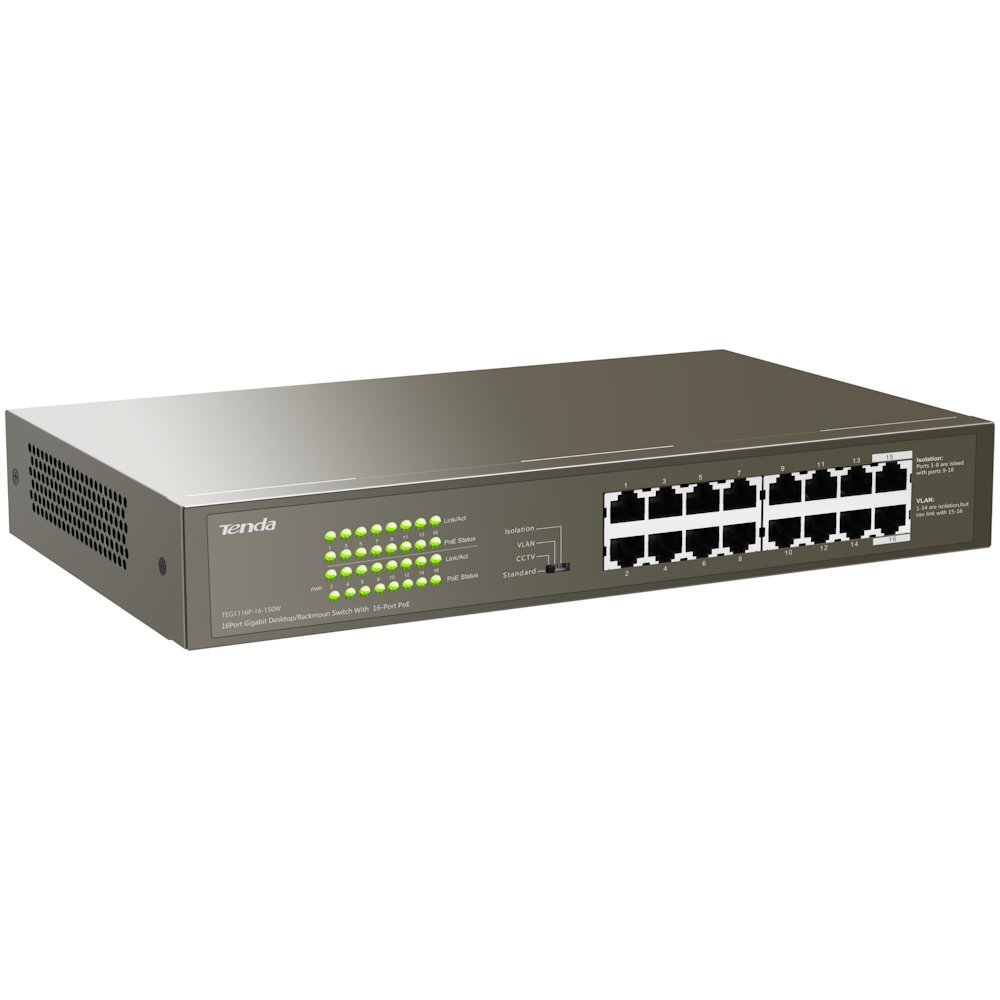 A large main feature product image of Tenda TEG1116P-16-150W 1000M&PoE 16-Port Gigabit Ethernet Switch with 16-Port PoE