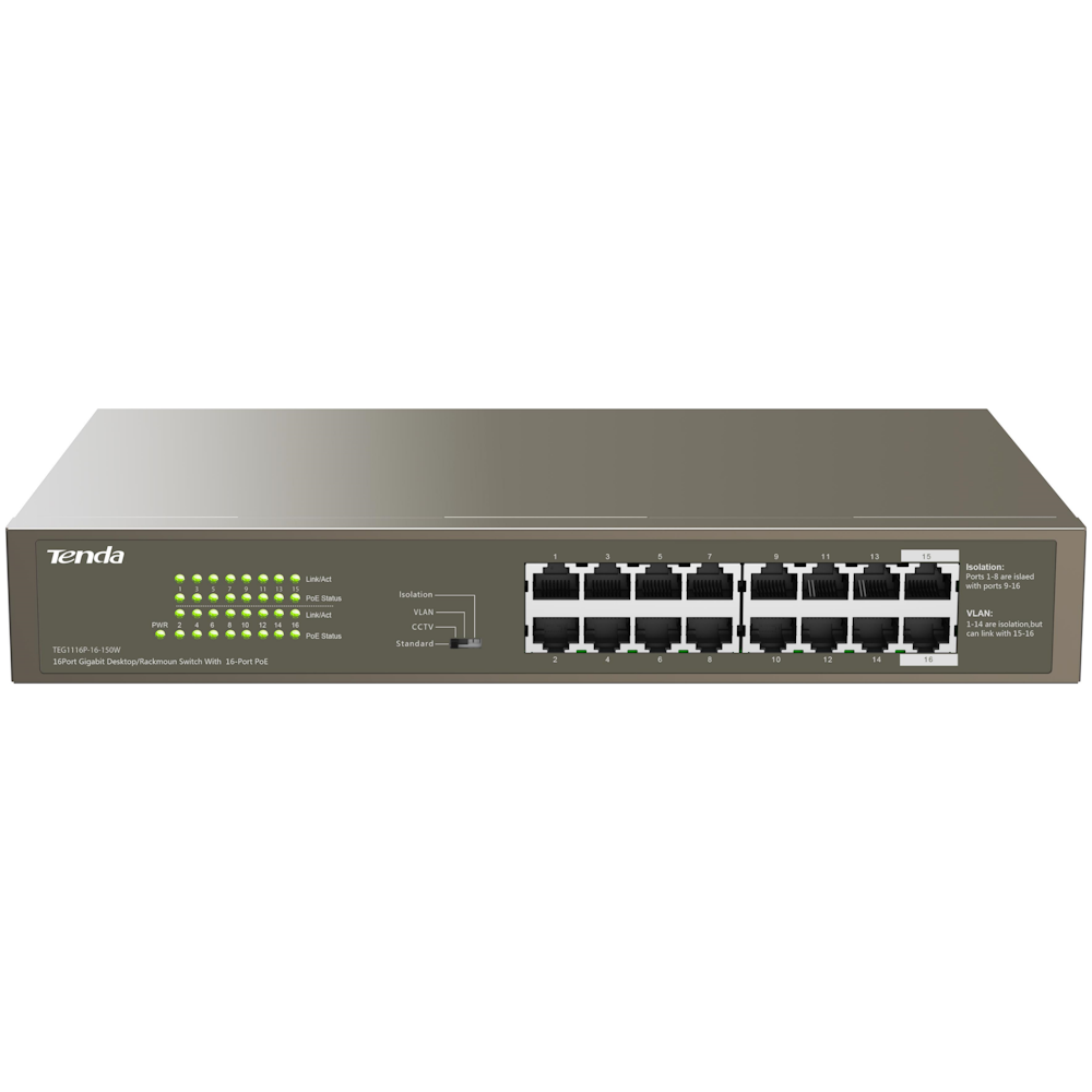 A large main feature product image of Tenda TEG1116P-16-150W 1000M&PoE 16-Port Gigabit Ethernet Switch with 16-Port PoE