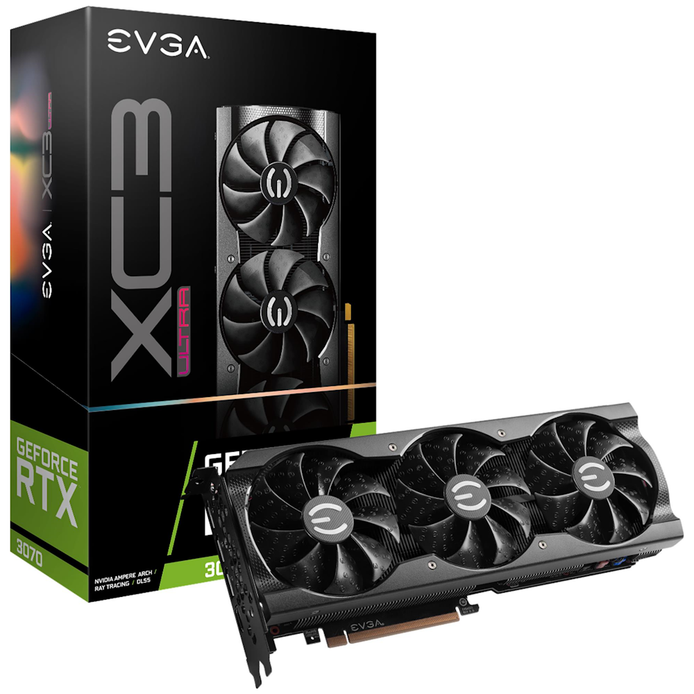 A large main feature product image of EVGA GeForce RTX 3070 XC3 ULTRA LHR 8GB GDDR6