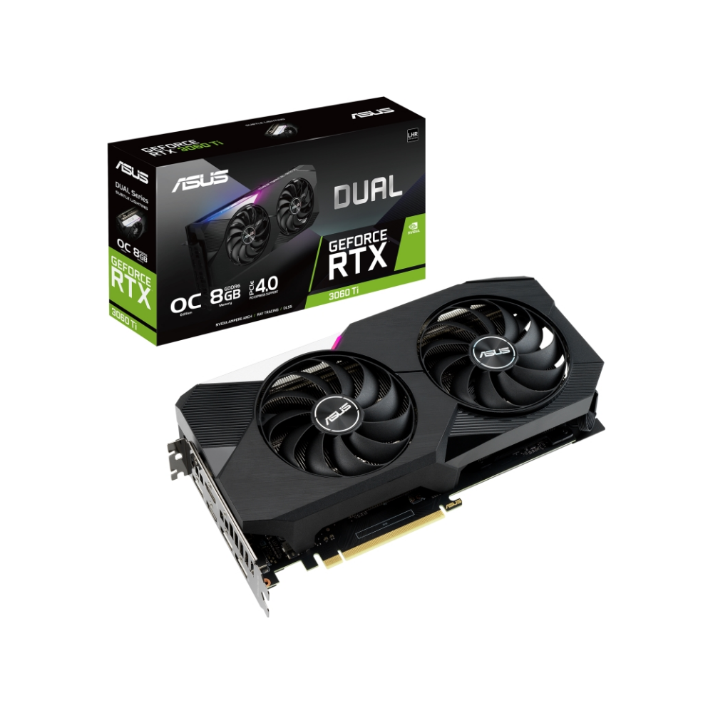 A large main feature product image of ASUS GeForce RTX 3060 Ti Dual OC LHR 8GB GDDR6
