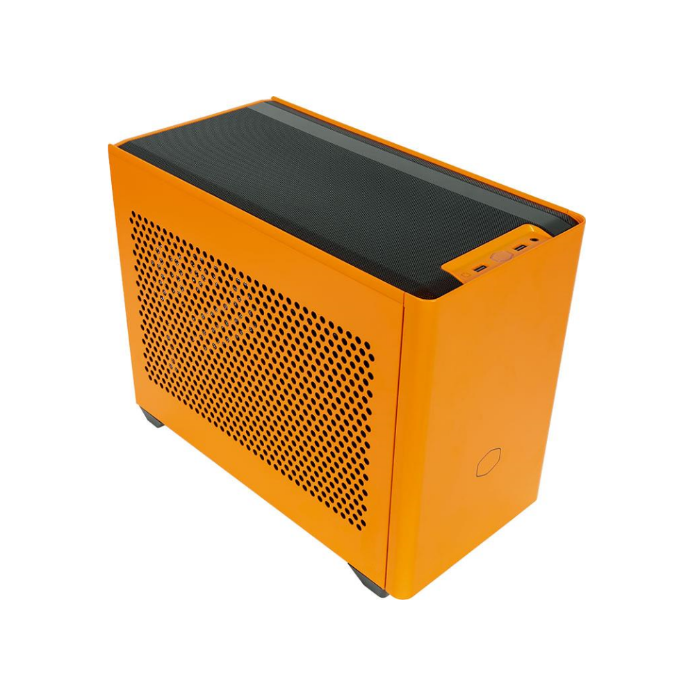 A large main feature product image of Cooler Master MasterBox NR200P mITX Case - Sunset Orange