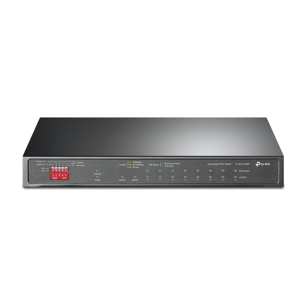 A large main feature product image of TP-Link SG1210MP - 10-Port Gigabit Desktop Switch with 8-Port PoE+