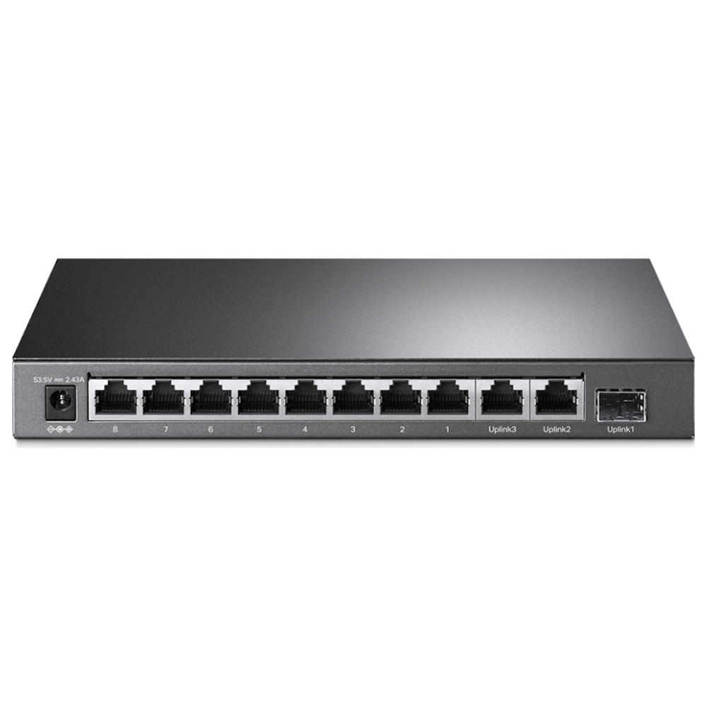 A large main feature product image of TP-Link SG1210MP - 10-Port Gigabit Desktop Switch with 8-Port PoE+