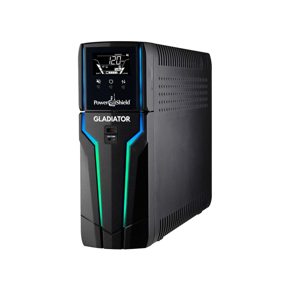 A large main feature product image of Power Shield Gladiator 1500VA Pure Sine Wave RGB Gaming UPS