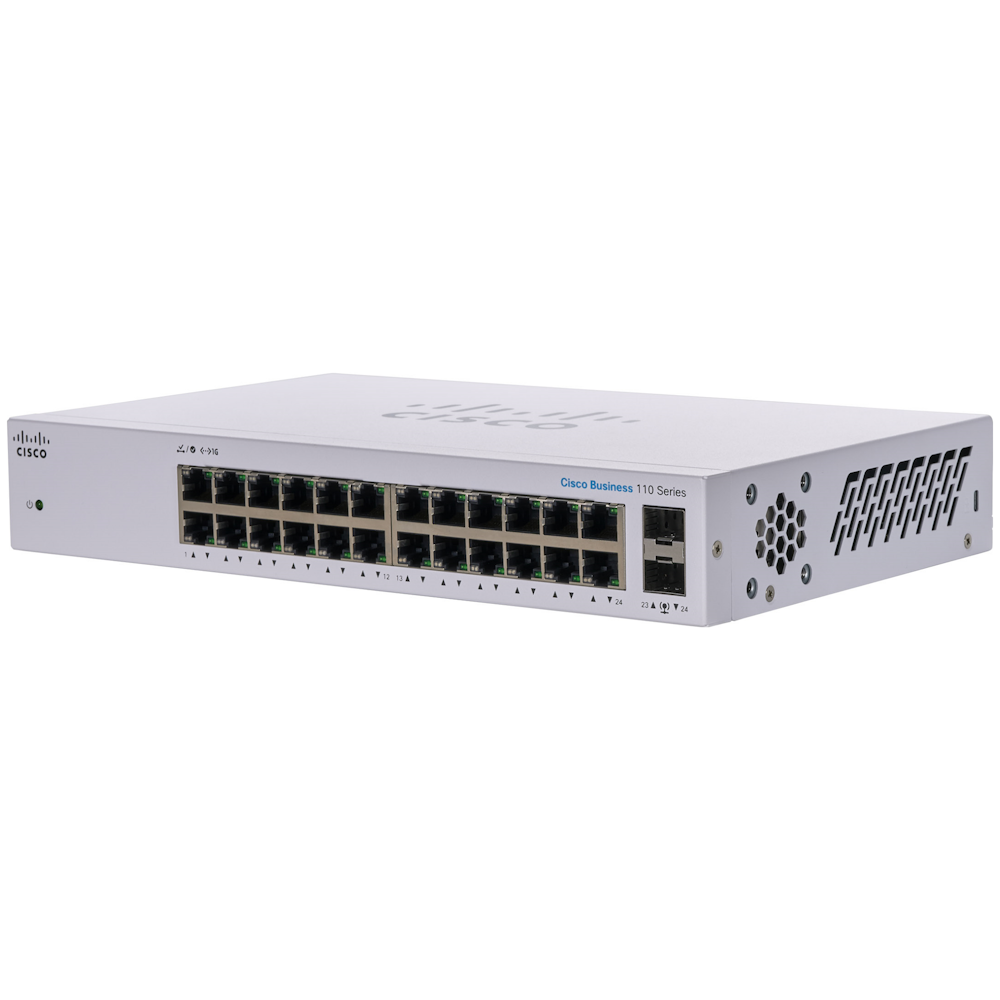 A large main feature product image of Cisco CBS110 Unmanaged 24 Port Gigabit Switch w/ 2x 1G SFP Shared Ports